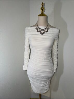 White Long-Sleeve Ruched Bodycon Dress